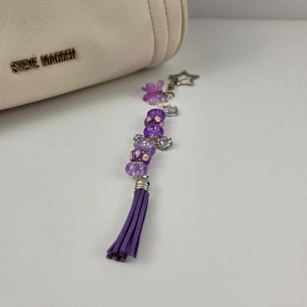 Handmade Purple Beaded Bag Charm Tassel Keychain Star Clasp Butterfly Heart 7.5"